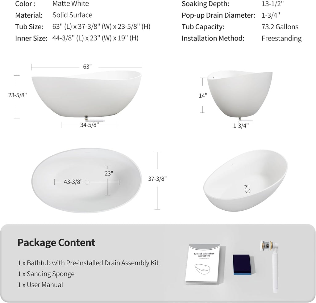 63" Matte White Freestanding Solid Surface Bathtub - Stone Resin Soaking Tub, cUPC Certified