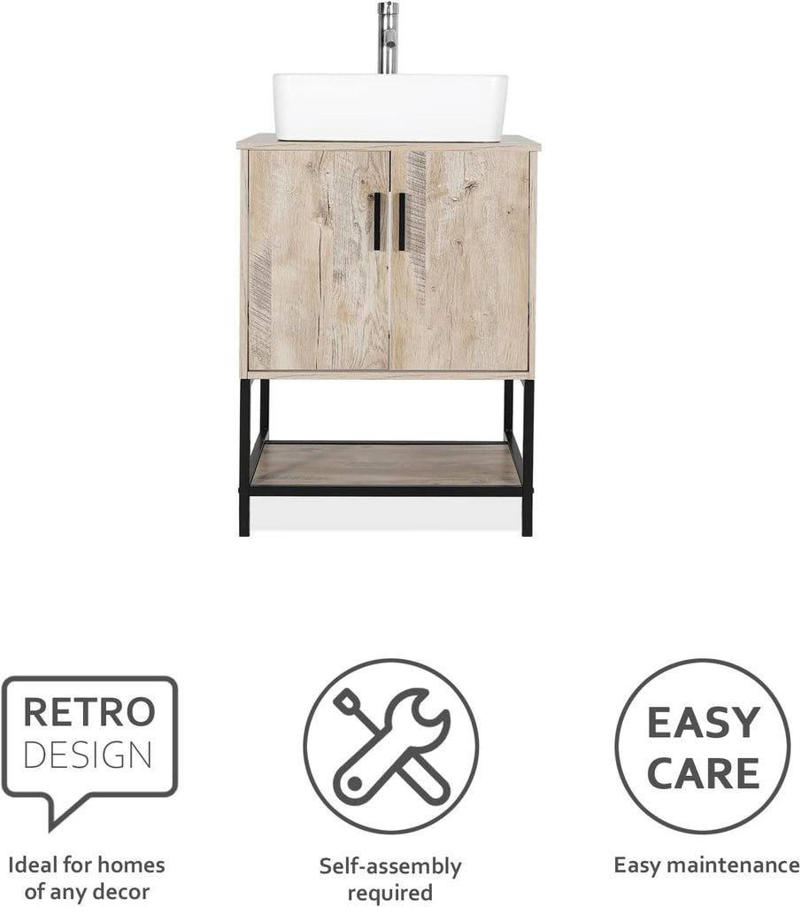 24" Bathroom Vanity Sink Combo Modern Metal Stand Cabinet W/Bottom Shelf White Rectangle Vessel Sink & Water