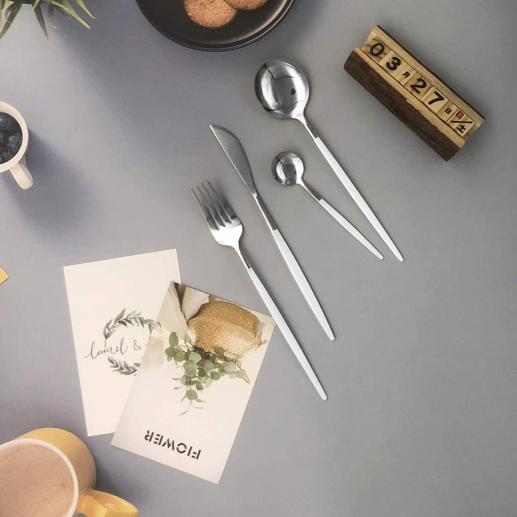 Silver Silverware Set, 24-Piece Stainless Steel Flatware Set Service For 6, Mirror Polished White Handle Tableware