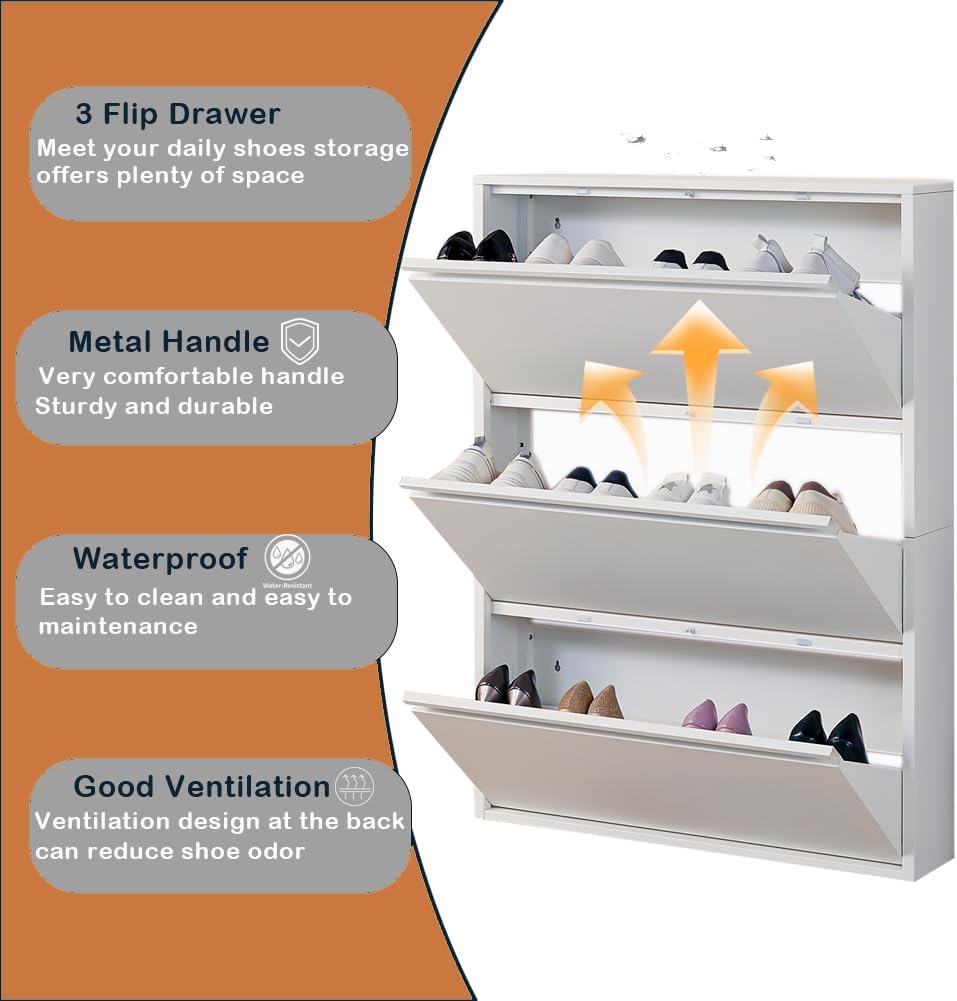 Shoe Storage Cabinet with 3 Flip Drawers, Hidden Slim Narrow Shoe Rack Cabinet, Wall Mount Metal Shoe Cabinet , White