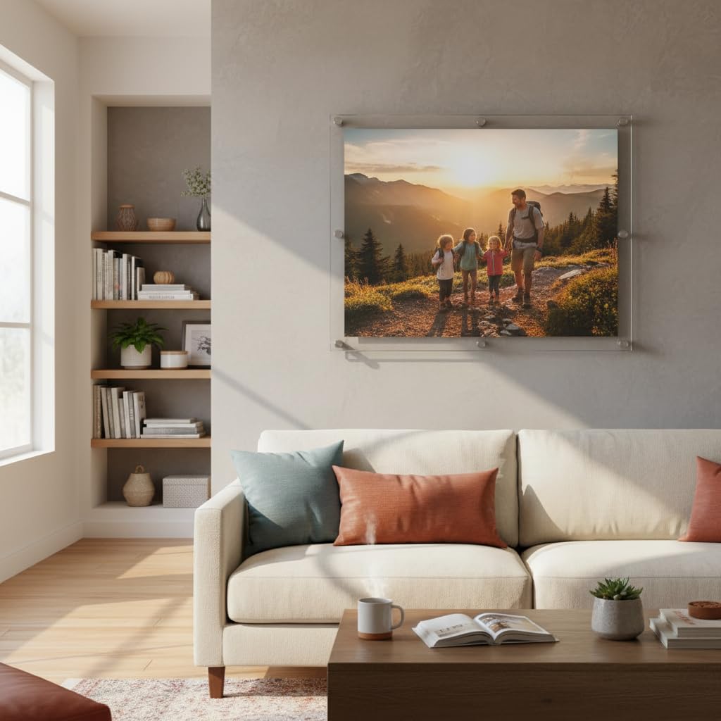 105540, Floating Acrylic Wall Frame with Silver Hardware Stand Off Caps, Clear Hanging Photo Frame Display Mount with