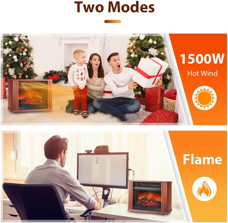 Portable Electric Fireplace Stove Heater with 3D Realistic Flame Effect, Tabletop Space Heater with Overheat Protection, 1500W