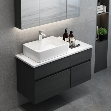 Bathroom Vanity Floating Bathroom Sink Cabinet with Ceramic Vessel Sink Wall Mounted Floating Vanity (Black & White
