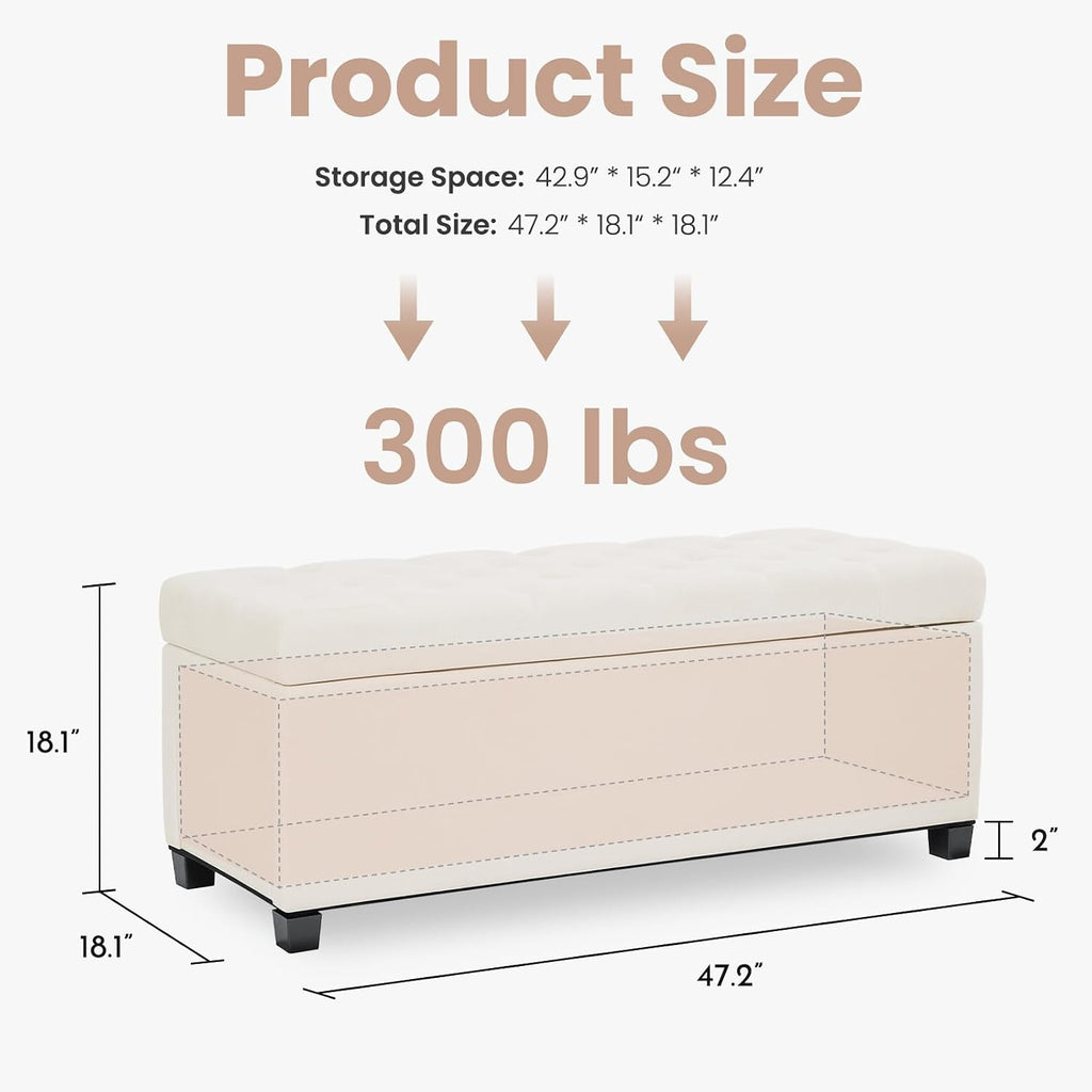 Storage Ottoman Bench , 47.2", Ivory | 47.2-inch storage ottoman with safety hinge, tufted upholstered seat and