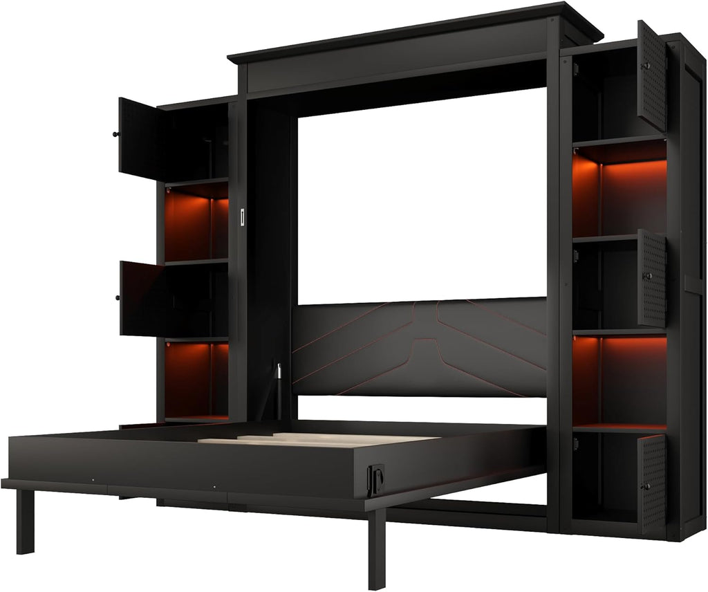 Queen Murphy Bed with Storage Shelf, Space Saving Hidden Wall Bed Cabinet with LED Lights, Foldable Murphy Beds with