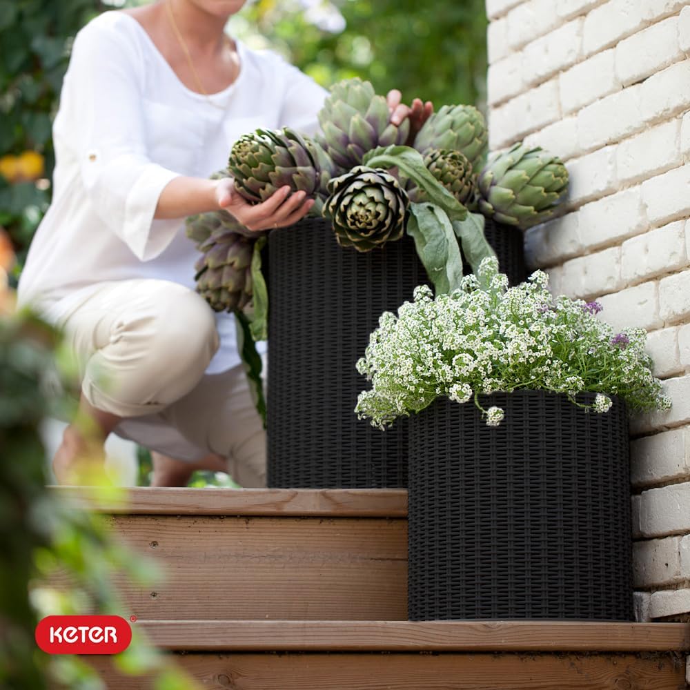 Cylinder Set of 3 Rattan Resin Planter for Indoor and Outdoor Plants Ideal Decorative Planter for Porches and Patio