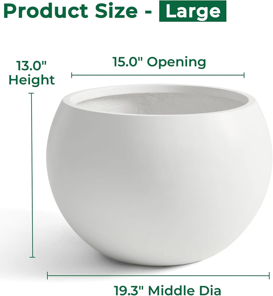 19.3"Dia x 13"H Large Fiberstone Sphere Planter, White Round Pot | 15" Opening, Drainage Hole & Plug, Wheathered