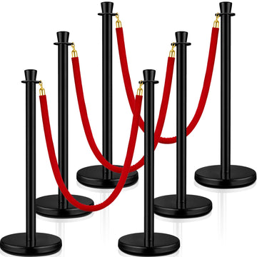 6 Pcs Stainless Steel Stanchion Post Queue with Crown Top 5 ft and 3 Pcs Velvet Rope and Poles Crowd Control Barriers