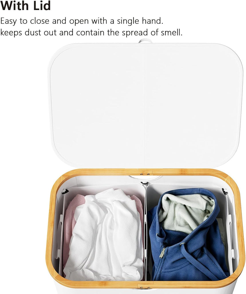 Double Laundry Hamper 2 Section with Lid and Removable Laundry Bags, 160L Clothes Basket with Bamboo Handles, Large