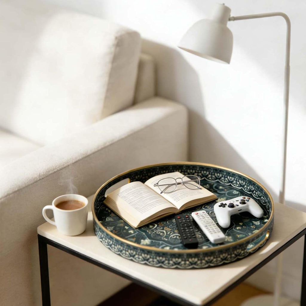 Round Serving Tray with Handles - Large Round Ottoman Tray Coffee Table Tray,Plastic Decorative Serving Trays for