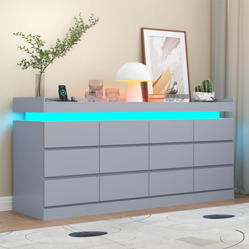 12 Drawer Dresser with Power Outlet, Modern Dresser with LED Light | Chest of Drawers for Closet, Double Wide Drawer