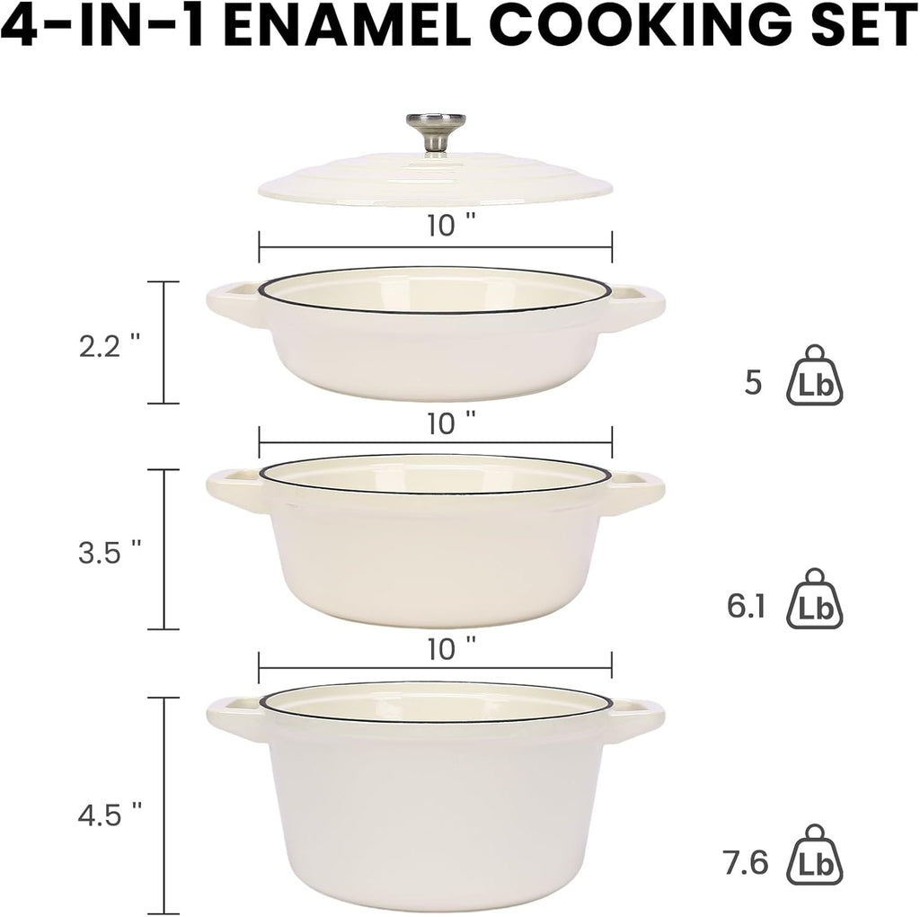 5-Piece Enameled Cast Iron Skillet Set | 5.2QT Pot with Lid, 10-in Skillet, 4QT Frying Pan with Universal Glass Lid