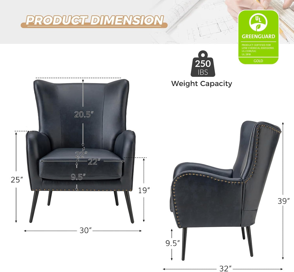 Faux Leather Accent Chair, Navy | Wingback design with removable cushion, nailhead trim, and metal legs , reading