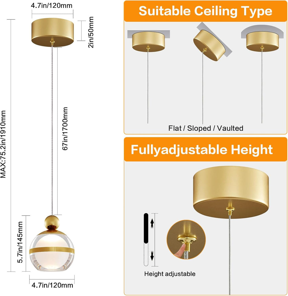 1-Light Gold Pendant Lights Kitchen Island Modern LED Ceiling Hanging Pendant Lights Acrylic Globe Pendant Light