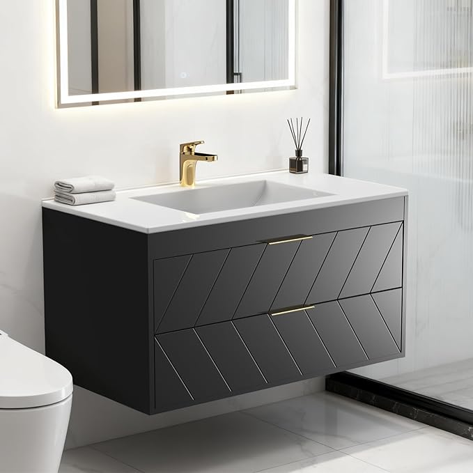 24-Inch Floating Bathroom Vanity with Sink – LED Wall-Mounted Cabinet with Wave Design and Soft-Close Drawers, Black