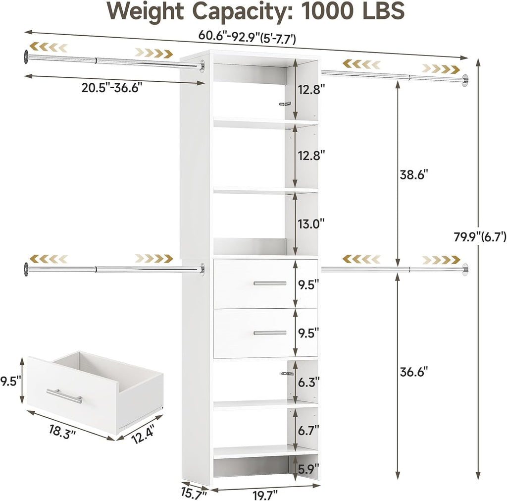 W2 Closet System with 2 Drawers, 3.5FT-7.7FT Closet Organizer System with 4 Chrome-Plated Telescopic Rods & 5