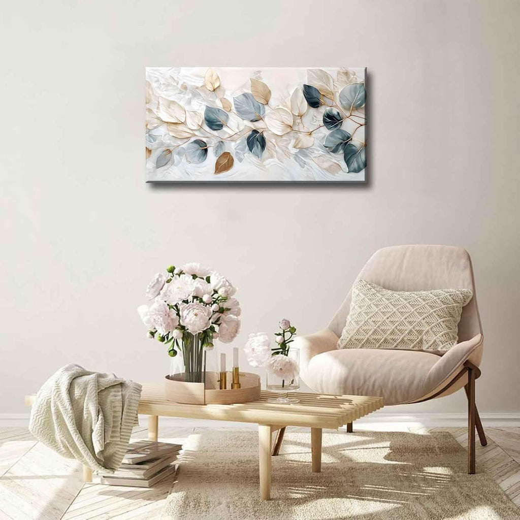 Large Living Eucalyptus Leaf Canvas Wall Art Teal White Botanical Abstract Decor painting Pictures Modern Nordic