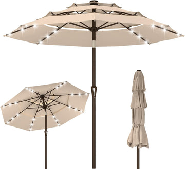 9ft 3-Tier Patio Umbrella with Solar Lights, Table Umbrella Outdoor Patio with Easy Crank & Tilt, 8 Sturdy Ribs