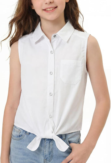 Girls Pearl Snap Tie Knot Western Shirt Button Down Sleeveless Blouse Cowgirl Outfit