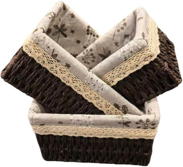 Wicker Woven Baskets With Liner, 3Packs Small Square Decorative Shelf Basket Storage And Organizing (coffee)