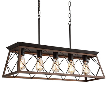 Farmhouse Rustic Chandelier Light Fixtures Bronze 5 Lights Linear Rectangular Chandelier Pendant Light Fixtures