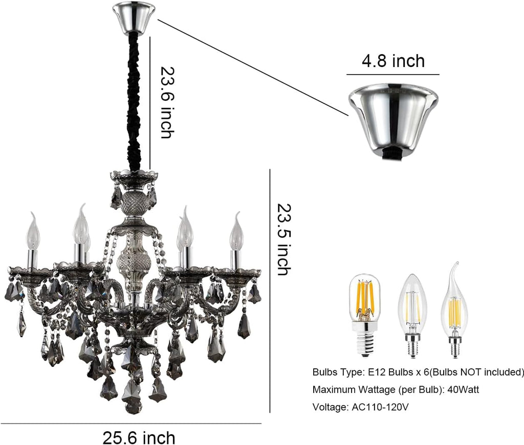 Modern Crystal Chandelier 6 Light Smoke Gray Crystal Chandelier Lighting Ceiling Hanging Crystal Light Fixtures for Living Room Dining Room Bedroom