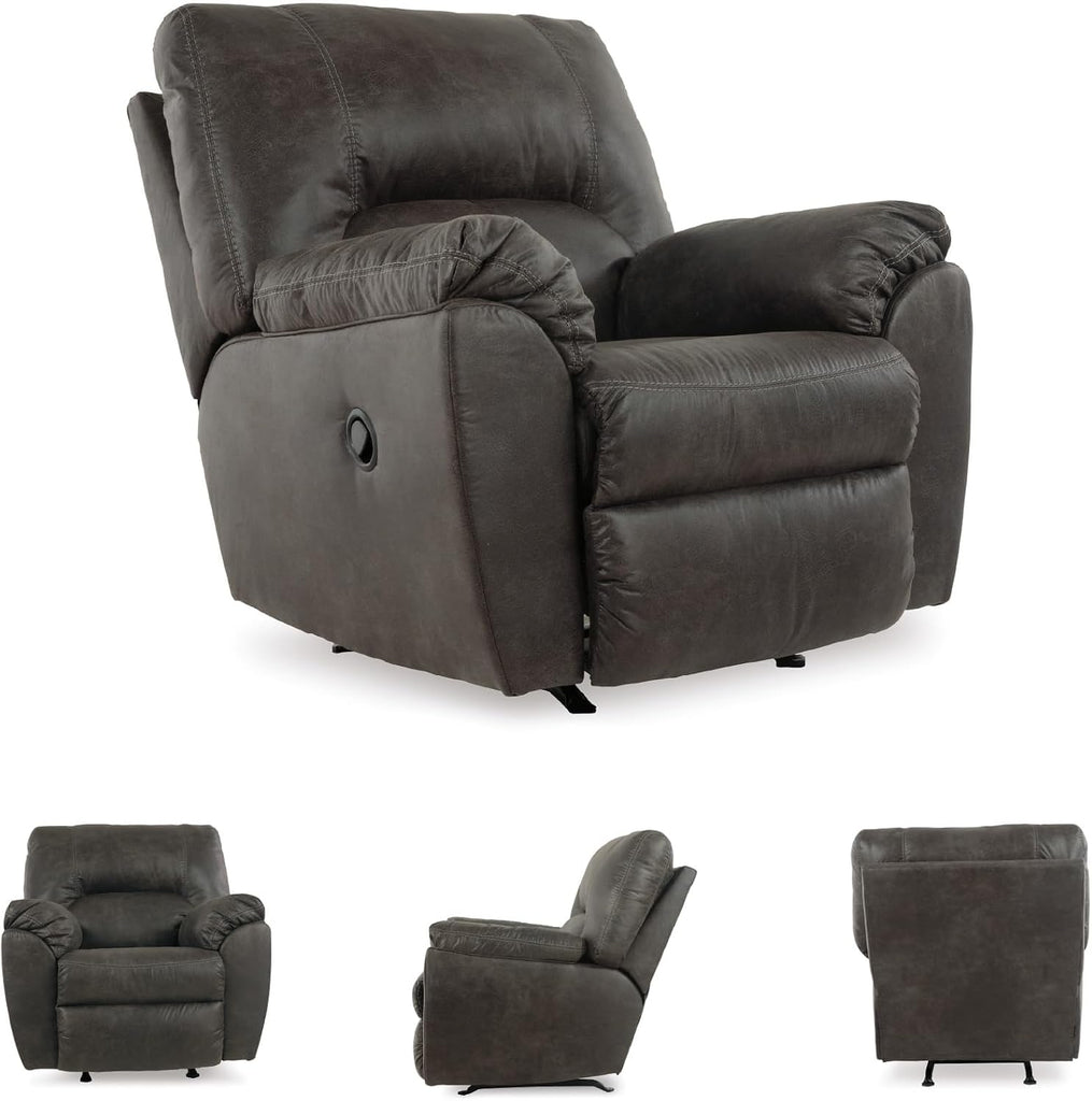 Contemporary Fabric Rocker Recliner, Pewter Finish, 41"x41"x41", Polyester Blend Upholstery, Pillow Top Arms