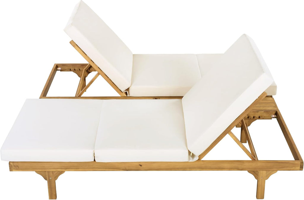 Acacia Wood Chaise Lounge Chair Set of 2, Double/Single Outdoor Sunbathing Pool Lounger with 4'' Triple-Folds