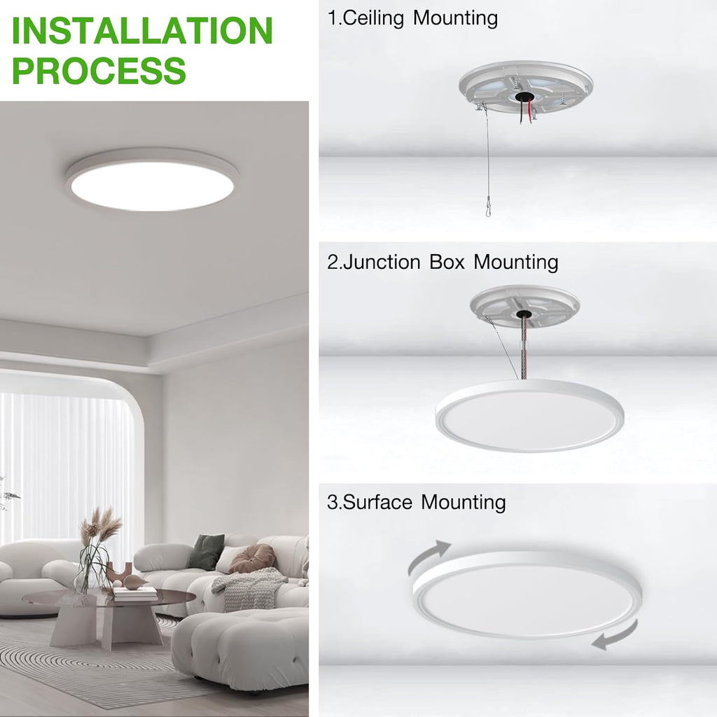 12 Inch White LED Flush Mount Ceiling Light Fixture (2 Pcs) | 24W 2640LM, Dimmable Light, Compact Ultra-Thin Design
