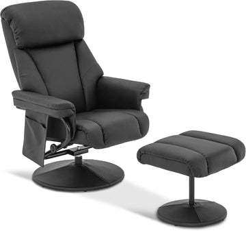Modern Reclining Swivel Lounge Chair and Ottoman — Black Faux Leather
