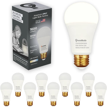 Made in USA A19 LED Light Bulbs, 10 Pack, 100W Equivalent, 15W Non-dimmable, 5000K Daylight, 1600 Lumens, E26 Base, 25,000 Hour Life