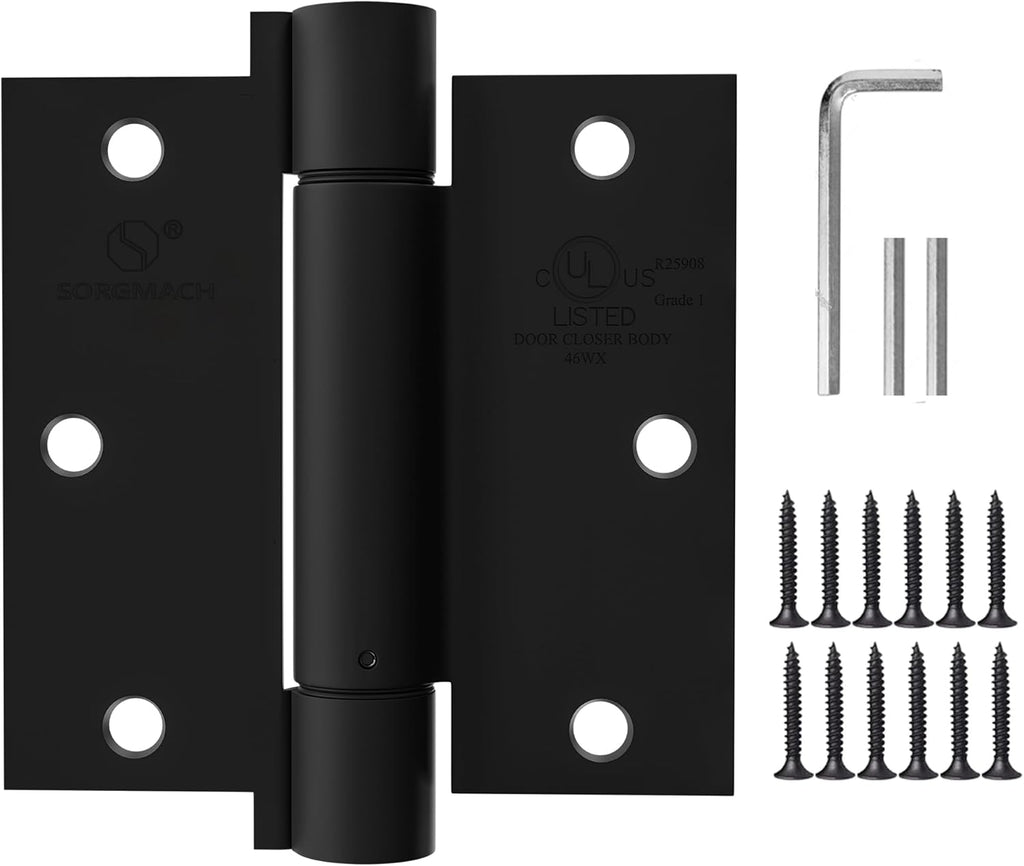 3 Pack Self Closing Door Hinges 3.5 inch Matte Black Spring Loaded Auto Close Hinges Square Corners Adjustable