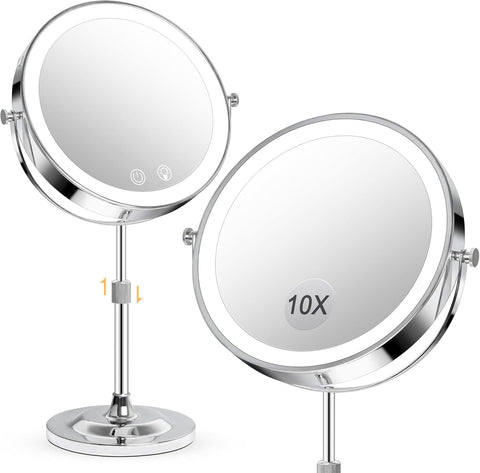 9" Makeup Mirror with Lights,5000mAh Rechargeable Vanity Mirror,1X/10X Double Sided Magnifying Mirror with Adjustable