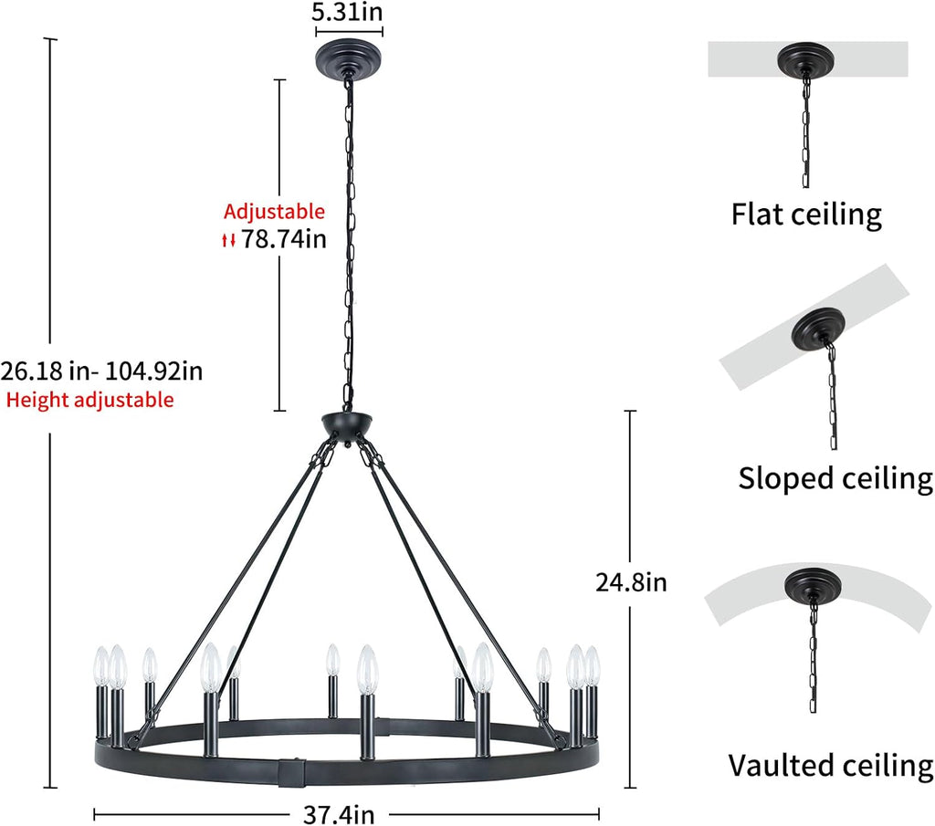 Black Wagon Wheel Chandelier 38 inch, 12-Light Black Round Industrial Farmhouse Chandeliers for High Ceilings Dining