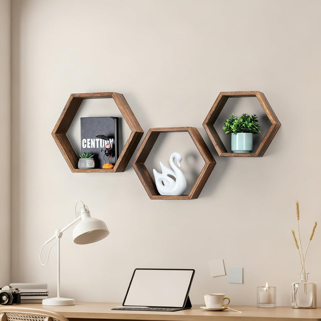 Hexagon Floating Shelves, Set of 3 Wall Mounted Honeycomb Display Shelf, Wood Hexagonal Hanging Storage Bedroom