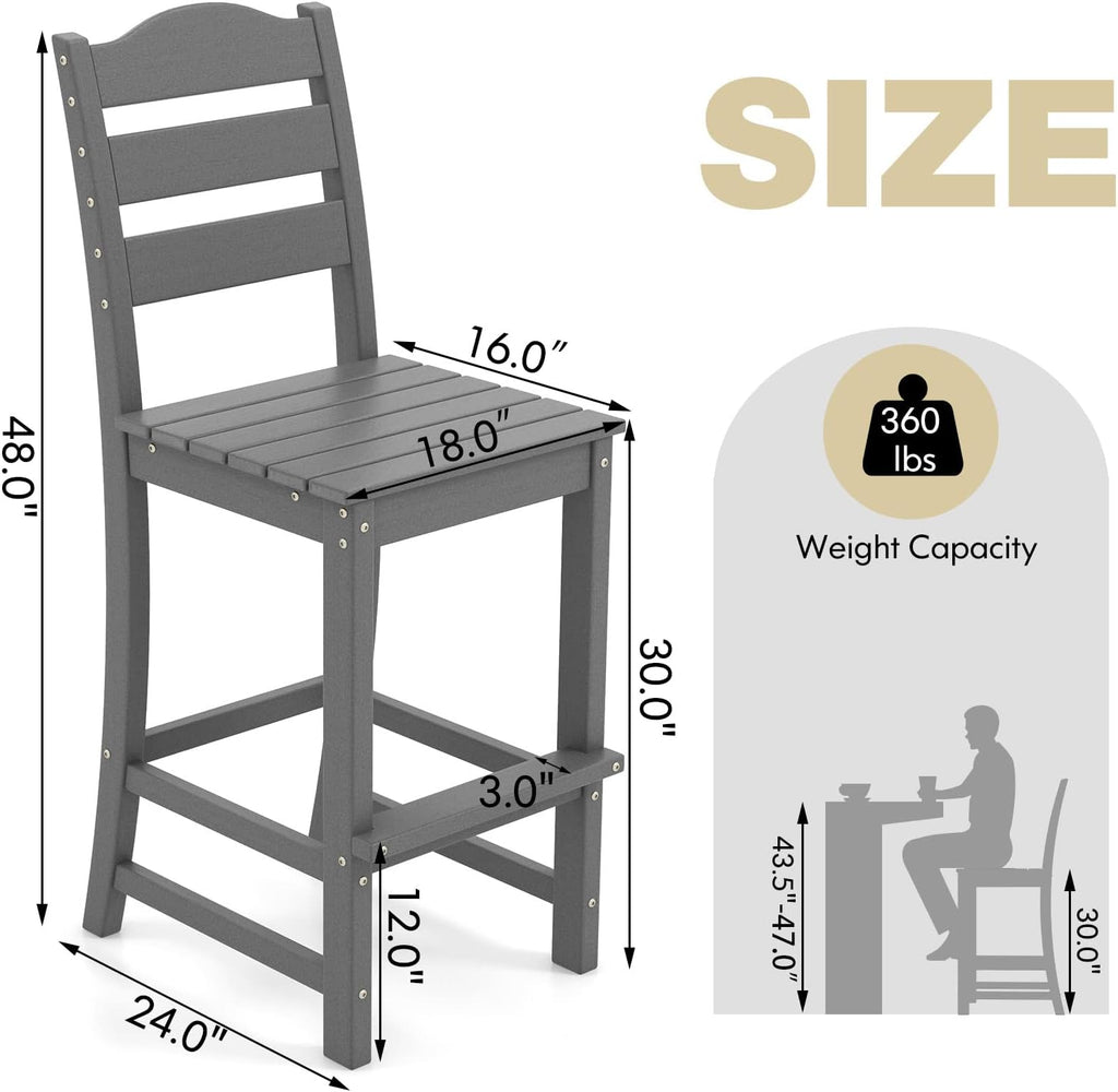 Outdoor HDPE Bar Stool, Patio Tall Bar Chair with Backrest and Footrest, 30 Inches Counter Height Barstools, Weather