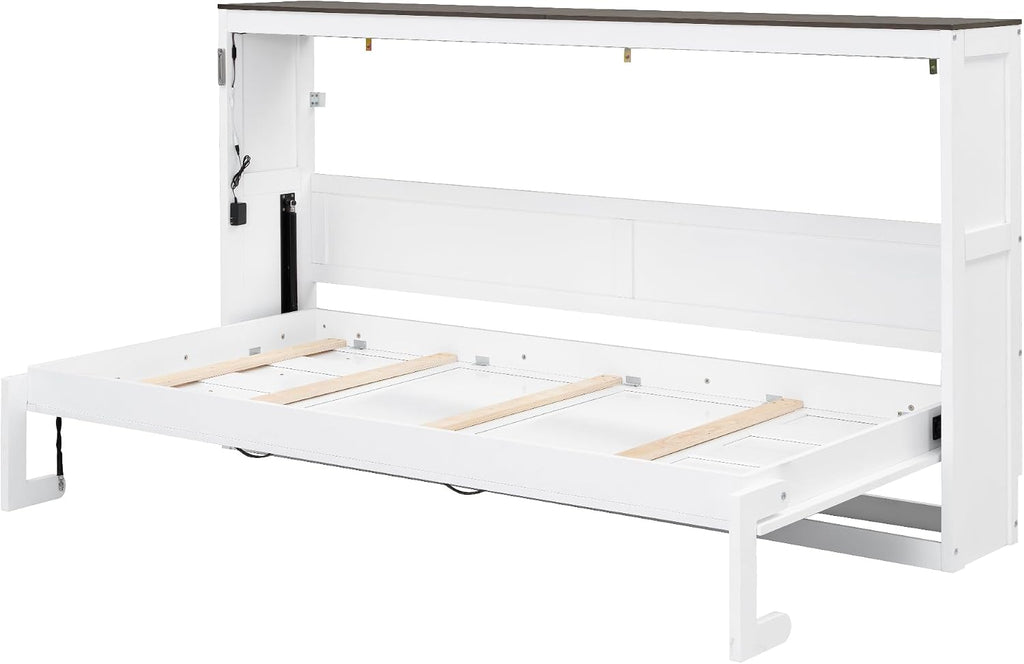 Twin Murphy Bed Cabinet, Space-Saving Foldable Wall Bed with LED Lights, Wooden Horizontal Murphy Bed Frame for