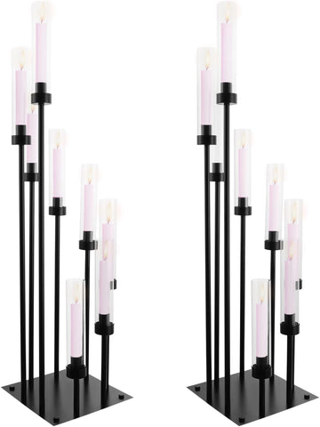 2 Pack Floor Candelabra Centerpieces 8 Arms Floor Candle Holder with Acrylic Shade Pillar, Metal Black Candelabra