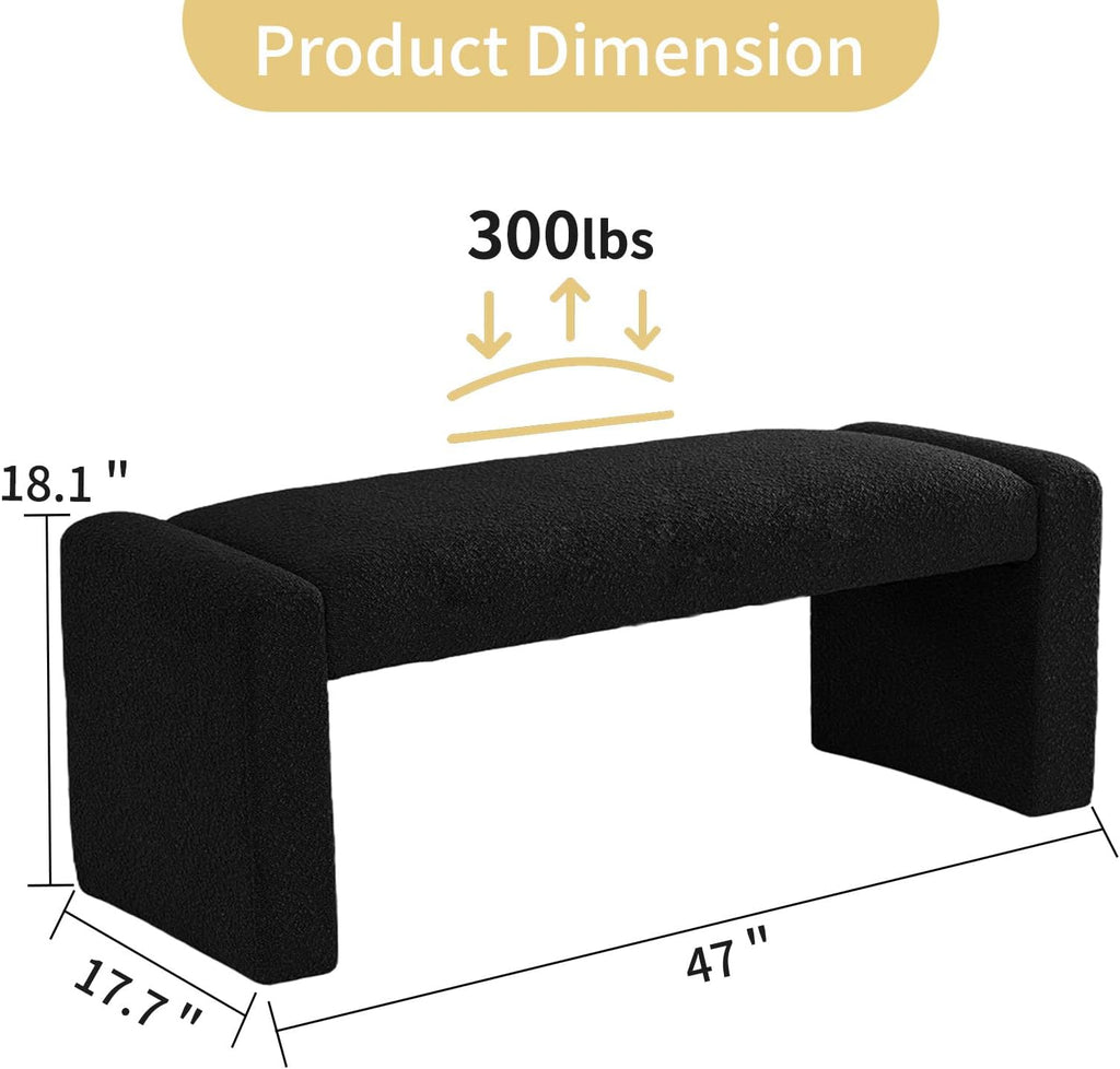 Black Entryway Bench with Solid Wood Frame, 47" Boucle Upholstered Bench | End of Bed Bench with Cushion Seat Ottoman