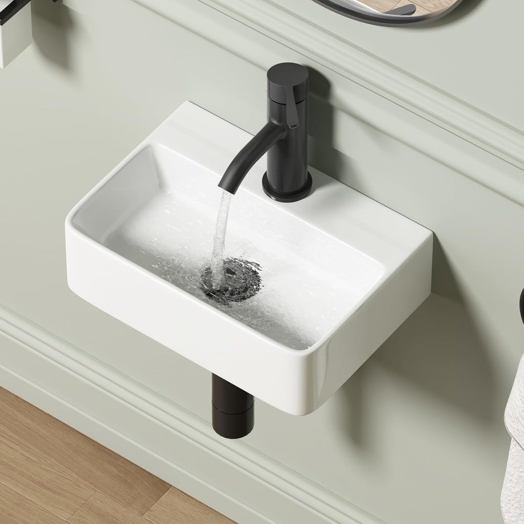 Wall Hung Bathroom Vessel Sink 14.5" X 10" Rectangular Floating Ceramic Wash Hand Basin White Wall Mount Vanity Sink for Small Bathroom and Small Cloakroom A131-B0DLKV1985