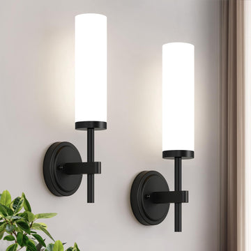 Hardwired] Wall Sconces Set of Two, Matte Black Bathroom Sconces with Milky White Glass, Modern Wall Light Fixtures