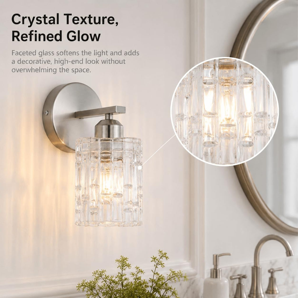 2-Pack Nickel Crystal Bathroom Vanity Lights, 1-Light Wall Sconce Fixture for Over Mirror, Modern Wall Mount