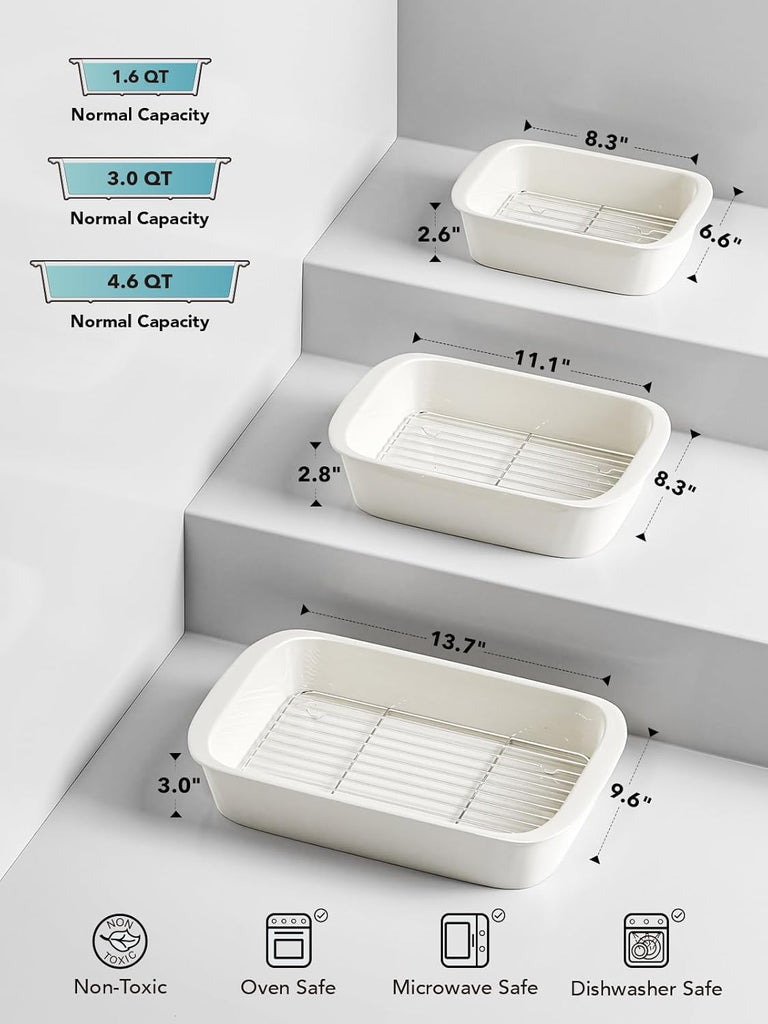 Deep Casserole Dishes for Oven, 13.7"x9.6" Ceramic Dish Set with Roasting Racks, Large Lasagna Pans with Handles