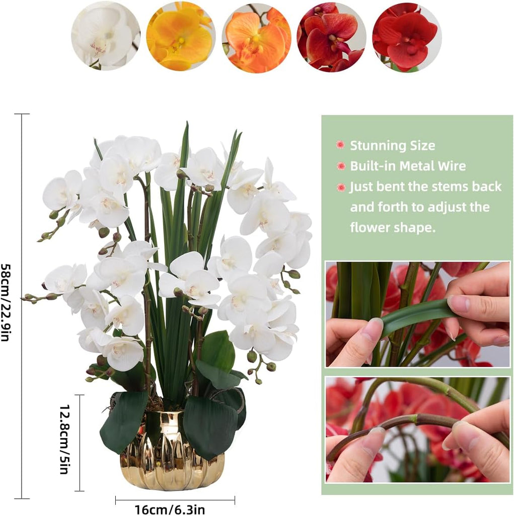 Artificial Orchid Flower Real Touch Faux Orchids in Ceramic Vase Large 22.9'' Fake Flowers White Phalaenopsis Floral