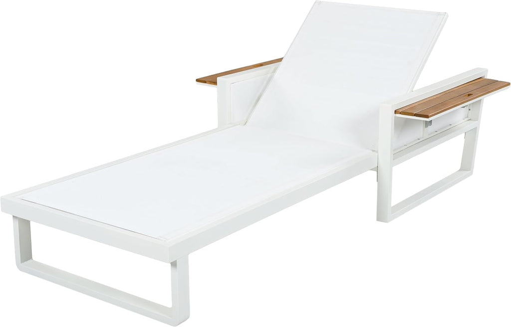 Acacia Wood Chaise Lounge Chair Outdoor with Foldable Armrests, Adjustable Backrest Sun Lounger Recliner
