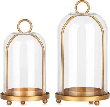 Vintage Brass Metal Candle Lantern with Thick Glass Dome - Set of 2 Shabby Chic Style Candle Holders (5.25"x10" &