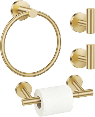 Brushed Gold 4-Pieces Towel Ring Set Include Towel Ring Double Base Toilet Paper Holder Towel Hook SUS304 Stainless