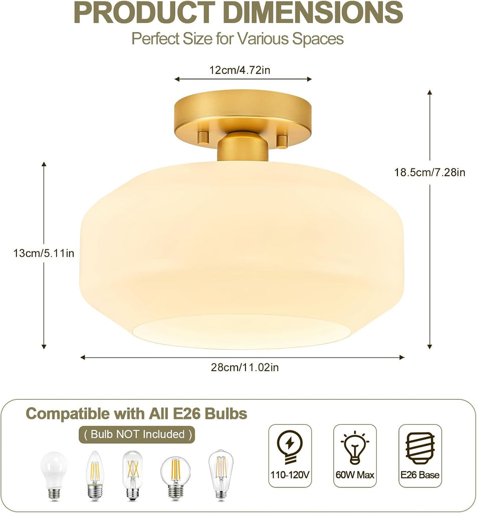 Mid-Century Modern Ceiling Light, Gold, 11.02 in, E26 | Milky White Glass Shade Light Fixture, Ceramic Socket