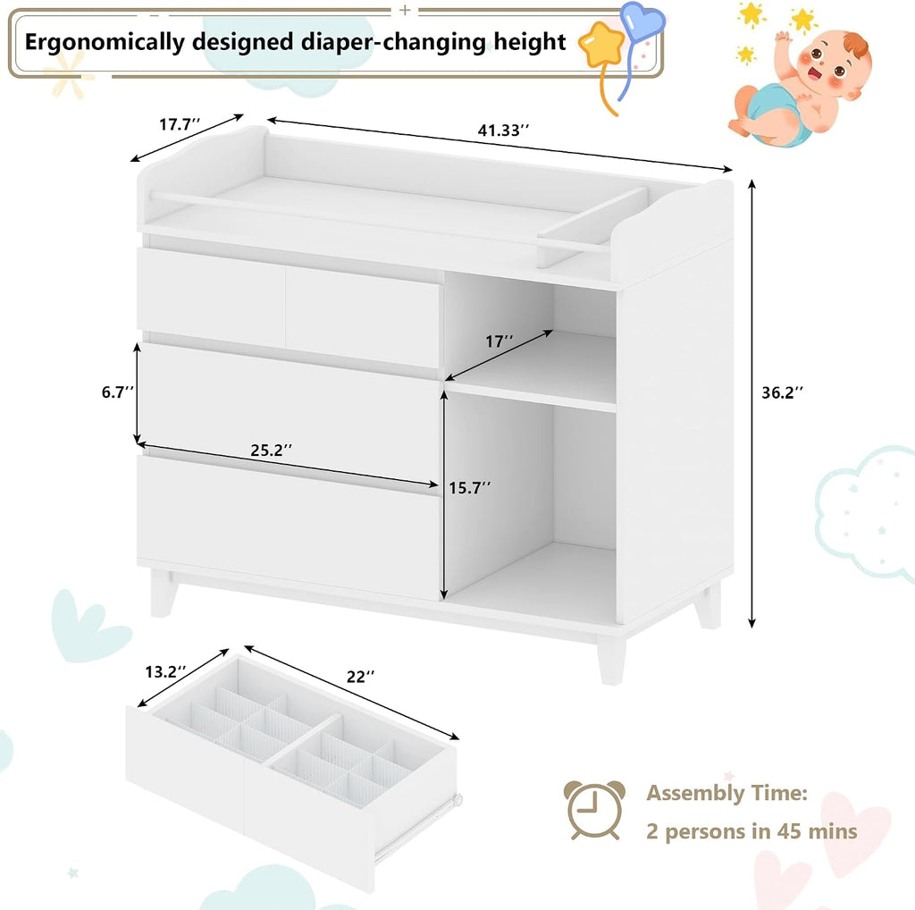 Baby Changing Table with 4 Drawers & 2 Open Shelves, Multi-Functional Nursery Changing Station with Storage, Pearl