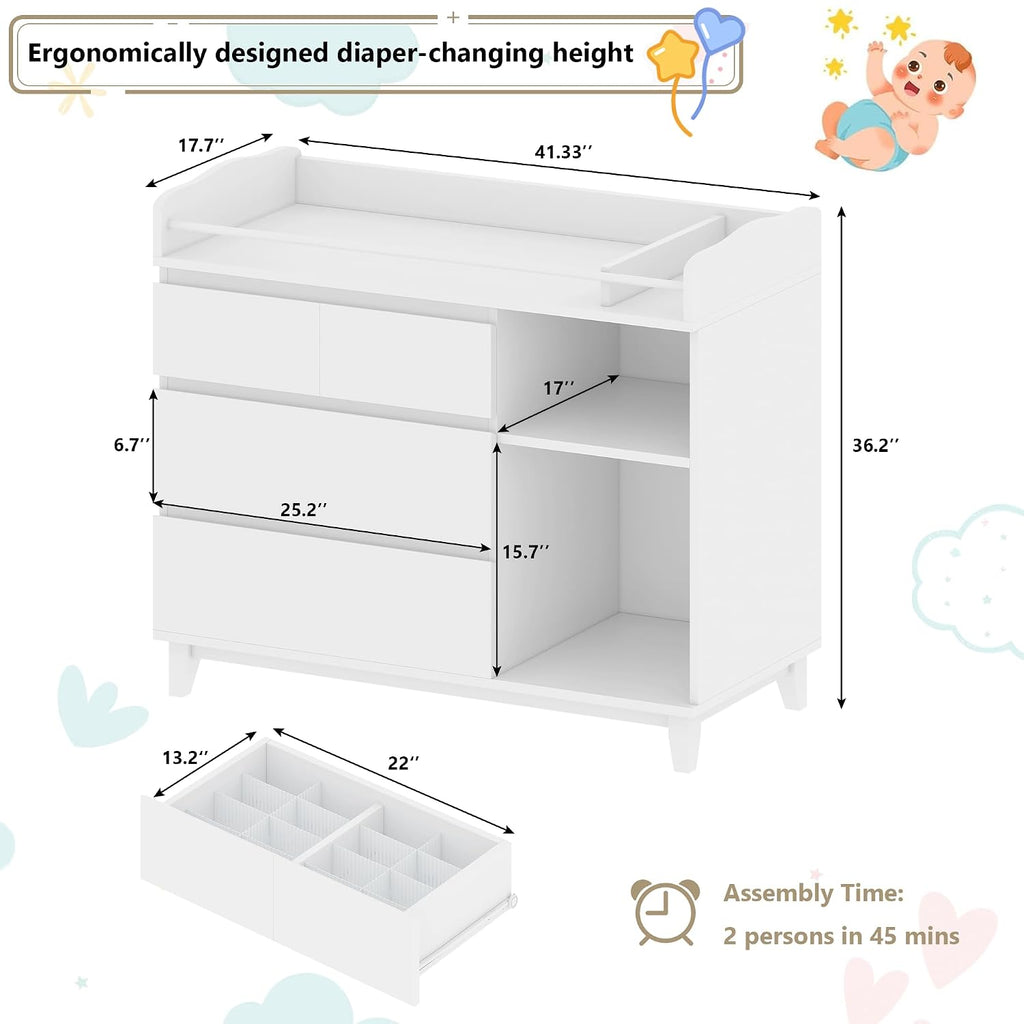 Baby Changing Table Top, Multi-Functional Nursery Changing Table, 4 Drawers with 2 Open Shelves, Bedroom, White